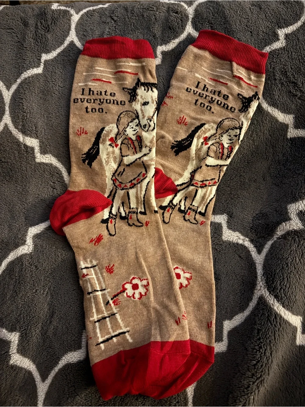 Blue Q Beige Crew Socks with Red Accents and Horse & Girl Motif